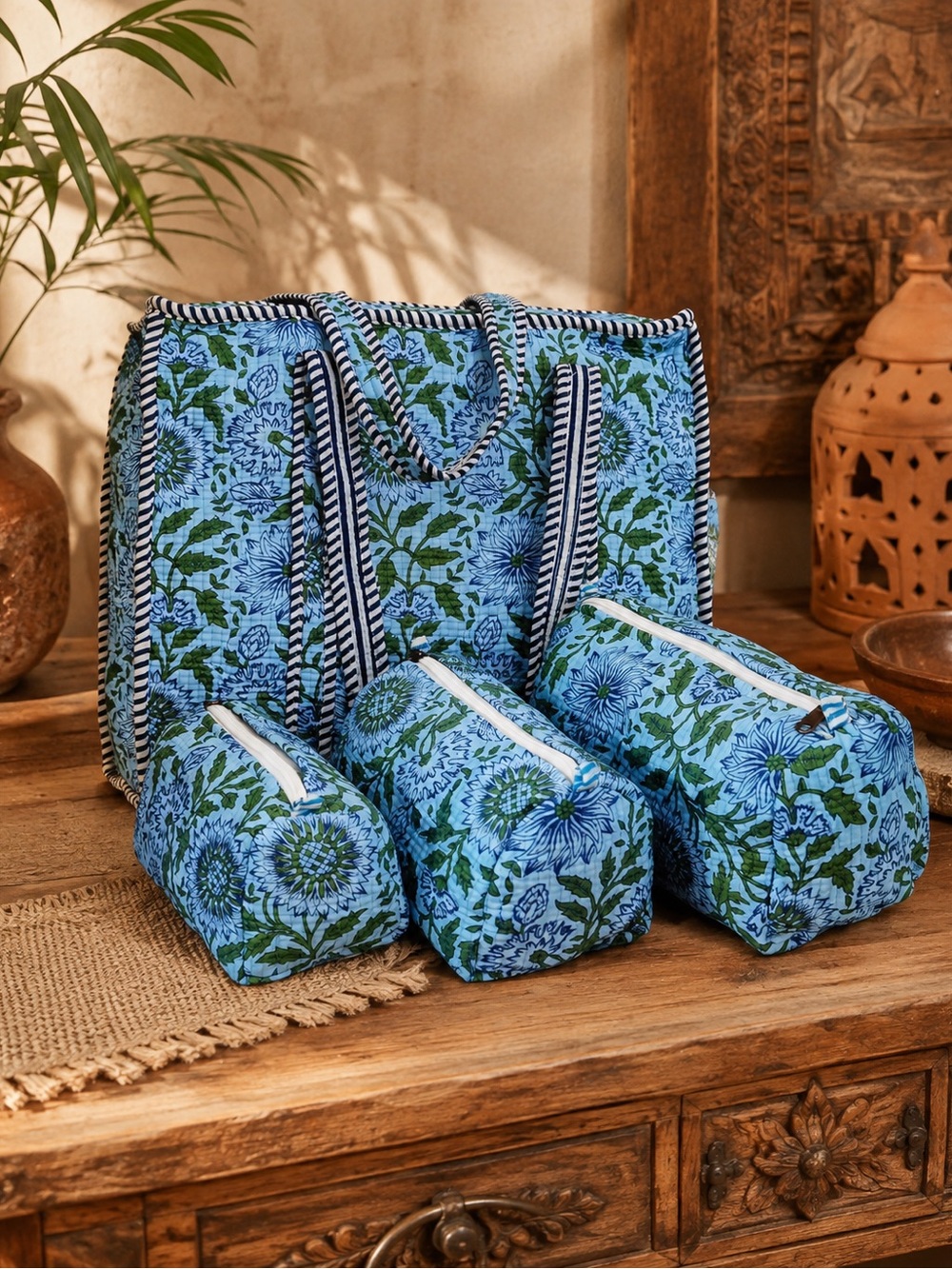 Blue Floral Quilted Tote Bag with 3 Matching Cosmetic Pouches